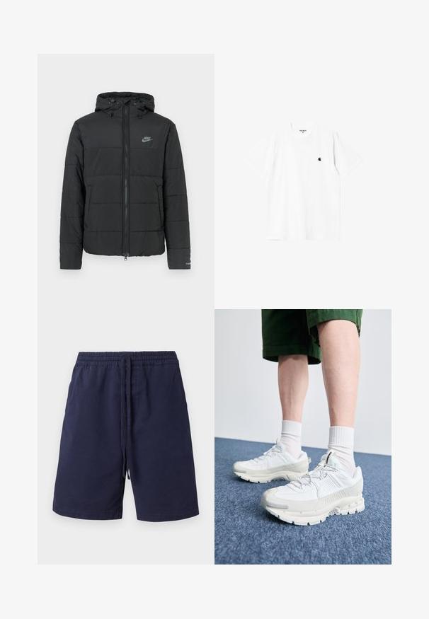 Juodas pūkinis džemperis su gaubtu, su užtrauktuku priekyje, horizontaliu siuvinėjimu ir mažu logotipu kairėje viršutinėje pusėje.; Balta medvilninė marškinėliai su trumpomis rankovėmis, apvaliu kaklu ir mažuoju juodu logotipu kairėje krūtinės pusėje. Minkšta tekstūra ir standartinė forma.; Tamsiai mėlyni medvilniniai šortai su elastingu juosmeniu ir raišteliu, šoniniais kišenėmis ir tiesiu sijonu. Be raštų.; Baltos sportinės bateliai su tekstūruotais uždengimais, masyviu padu ir pilkais akcentais. Dėvimi su baltais trumpais kojiniais ir žaliais šortais mėlyname paviršiuje.