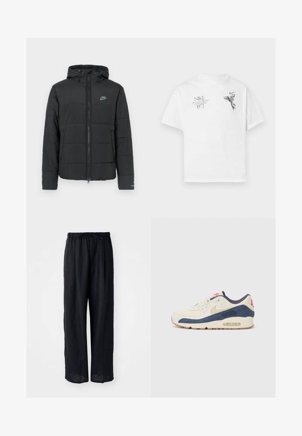 Zwarte pufferjas met capuchon, voorzien van een rits aan de voorkant, een horizontaal gestikt patroon en een klein logo op de bovenste linkerkant.; Witte katoenen t-shirt met een zwarte grafische print van een gevleugeld figuur en tekst, met een ronde hals en korte mouwen.; Zwarte linnen wijde broek met een trekkoord in de taille en ontspannen pasvorm. Gladde textuur, geen zichtbare patronen of hardwaredetails.; Sneakers met een crème leren en marineblauwe suède bovenkant, voorzien van een zichtbare luchtzool, beige rubberen buitenzool en een rode accent op de hiel.