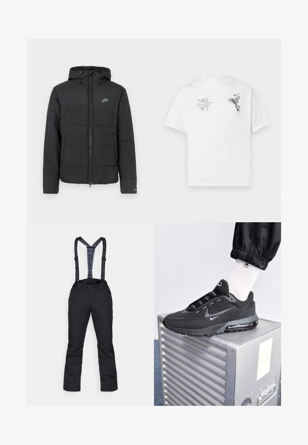 Černá péřová bunda s kapucí, má přední zip, horizontálně prošívaný vzor a malé logo na levé horní straně.; Bílý bavlněný tričko s černým grafickým potiskem křídlené postavy a textem, s kulatým výstřihem a krátkými rukávy.; Černé sněhové kalhoty s nastavitelnými šedými kšandy, s hladkým povrchem, zipovými kapsami a vyztuženými panely na dolních nohavicích.; Nike Sportswear PULSE - Tenisky - black/anthracite