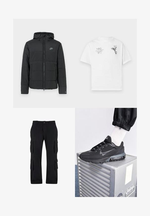 Czarna kurtka puchowa z kapturem, z zamkiem z przodu, poziomym pikowaniem i małym logo po lewej stronie u góry.; Biała koszulka z bawełny z czarnym graficznym nadrukiem skrzydlatej postaci oraz tekstem, z okrągłym dekoltem i krótkimi rękawami.; Czarne spodnie cargo wykonane z bawełnianej tkaniny, z wieloma bocznymi kieszeniami, luźnym krojem i prostymi nogawkami.; Nike Sportswear PULSE czarny