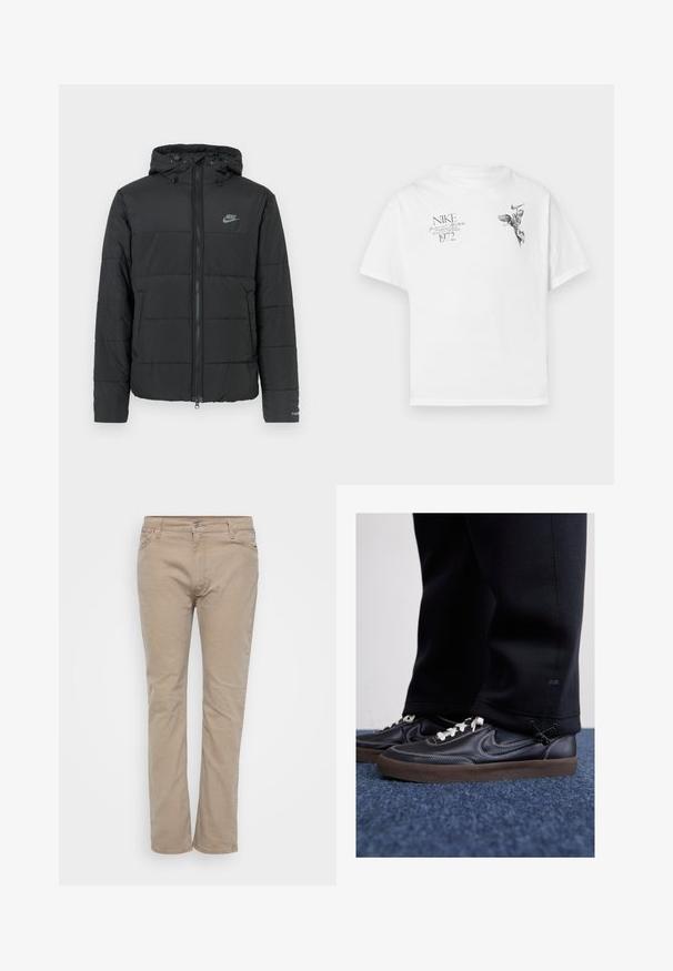 Svart pufferjakke med hette, med glidelås foran, horisontalt quiltet mønster og en liten logo på øvre venstre side.; Hvit bomull t-skjorte med svart grafisk trykk av en bevinget figur og tekst, med rund hals og korte ermer.; Beige bomullsbukser med rett ben-design, med glidelås, beltehemper og subtile stikkdetaljer. Glatt tekstur gjennom hele.; Nike Sportswear KILLSHOT 2 LTR PRM OPP2 - Joggesko - black sail baroque brown mtlc dk grey