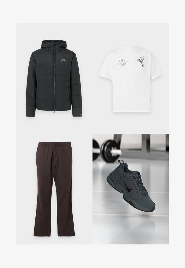 Schwarze Daunenjacke mit Kapuze, ausgestattet mit einem Reißverschluss auf der Vorderseite, horizontal gestepptem Muster und einem kleinen Logo auf der oberen linken Seite.; Weißes Baumwoll-T-Shirt mit einem schwarzen Grafikdruck eines geflügelten Figures und Text, mit Rundhalsausschnitt und kurzen Ärmeln.; Dunkelbraune Hose mit elastischem Bund und Kordelzug, mit geradem Bein und glattem, strukturiertem Stoff.; Dunkelgraue Nike Air Monarch-Sneaker, die in einem Innenraum mit verschwommenen Fitnessgewichten im Hintergrund auf einem glänzenden Boden schwebt.