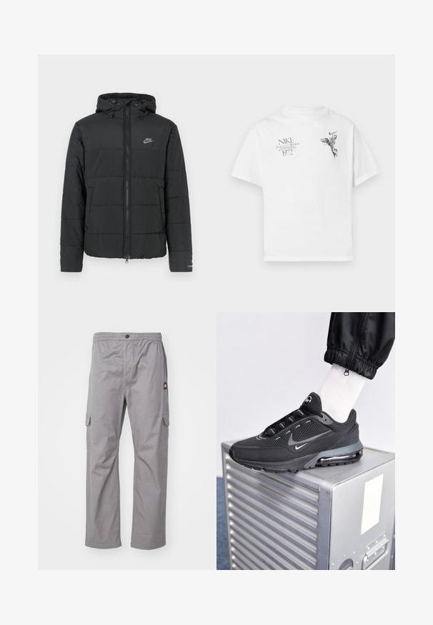 Černá péřová bunda s kapucí, má přední zip, horizontálně prošívaný vzor a malé logo na levé horní straně.; Bílý bavlněný tričko s černým grafickým potiskem křídlené postavy a textem, s kulatým výstřihem a krátkými rukávy.; Šedé cargo kalhoty s elastickým pasem, zapínáním na knoflík, dvěma bočními kapsami a malou logovou nášivkou na levé straně. Měkká tkanina a rovný střih.; Nike Sportswear PULSE - Tenisky - black/anthracite