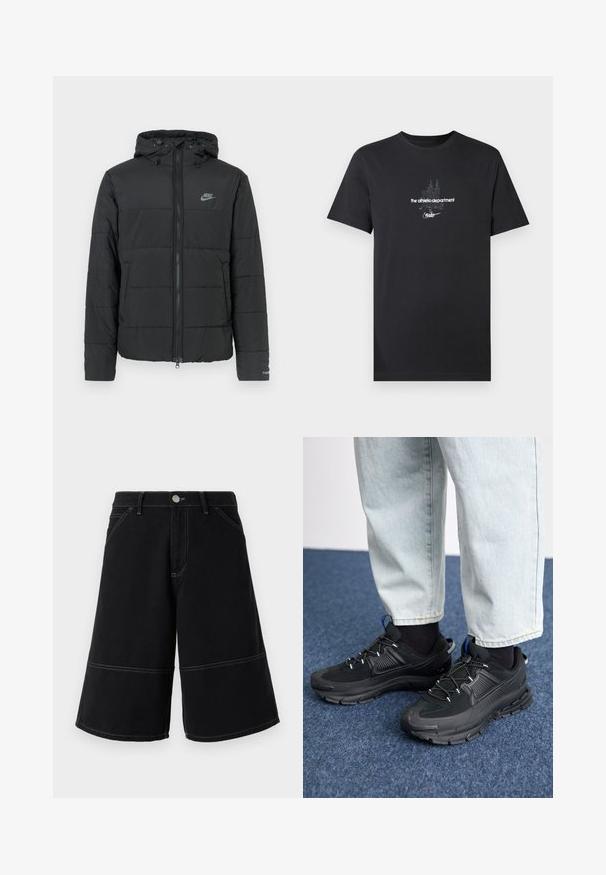Doudoune noire avec capuche, dotée d'une fermeture éclair à l'avant, d'un motif matelassé horizontal et d'un petit logo sur le côté supérieur gauche.; T-shirt en coton noir avec un motif graphique blanc incluant le texte « the athletic department » et « nike », à manches courtes.; Shorts en denim noir avec un design à jambe large, présentant des coutures contrastées jaunes et des poches avant. Le tissu a une texture lisse et robuste.; Des chaussures de sport noires avec un tissu texturé et des semelles en caoutchouc, dotées de lacets élastiques et d'un accent bleu au talon. Portées avec un pantalon en denim clair.
