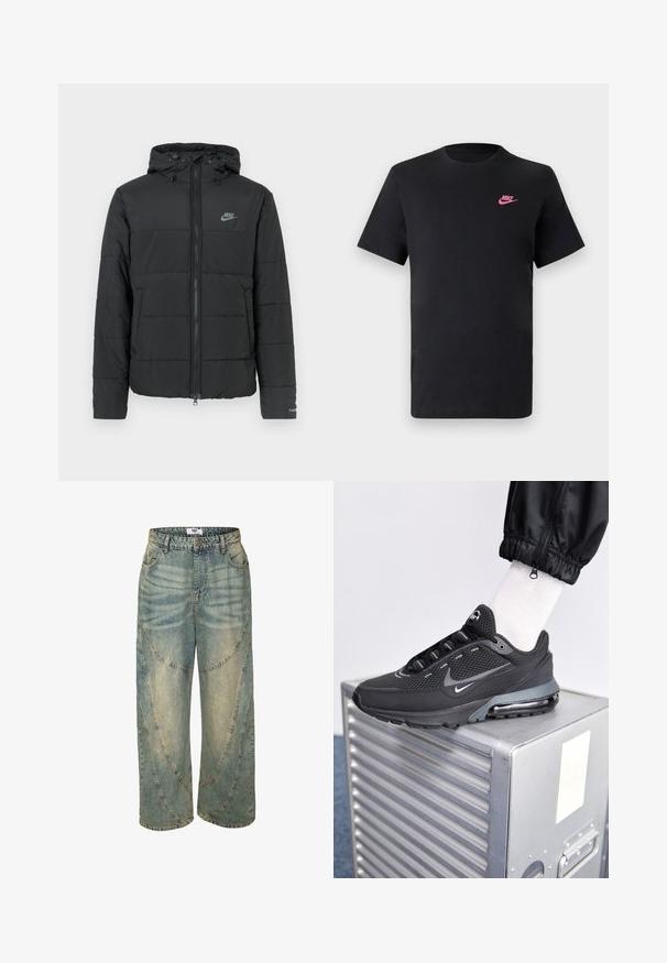 Doudoune noire avec capuche, dotée d'une fermeture éclair à l'avant, d'un motif matelassé horizontal et d'un petit logo sur le côté supérieur gauche.; T-shirt en coton noir avec un col rond et des manches courtes. Présente un logo Nike rose sur le côté supérieur gauche. Texture douce.; Jean large bleu clair avec une taille haute, présentant des détails de coutures courbes et des ourlets terminés. Fabriqué en denim avec des zones délavées.; Nike Sportswear PULSE - Baskets basses - black/anthracite