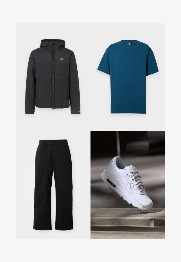 Casaco puffer preto com capuz, apresentando fecho éclair frontal, padrão de matelassé horizontal e um pequeno logótipo no lado superior esquerdo.; T-shirt de algodão azul com mangas curtas, decote redondo e um pequeno logo Nike em azul claro no peito. Textura suave, ajuste relaxado.; Calças de algodão pretas com cintura elástica, design de perna larga e grandes bolsos laterais. O tecido parece suave com uma textura lisa.; Sapatilha branca de couro com superfícies texturizadas, colarinho acolchoado e amortecimento de ar visível na sola. Apresenta atacadores e um design minimalista.