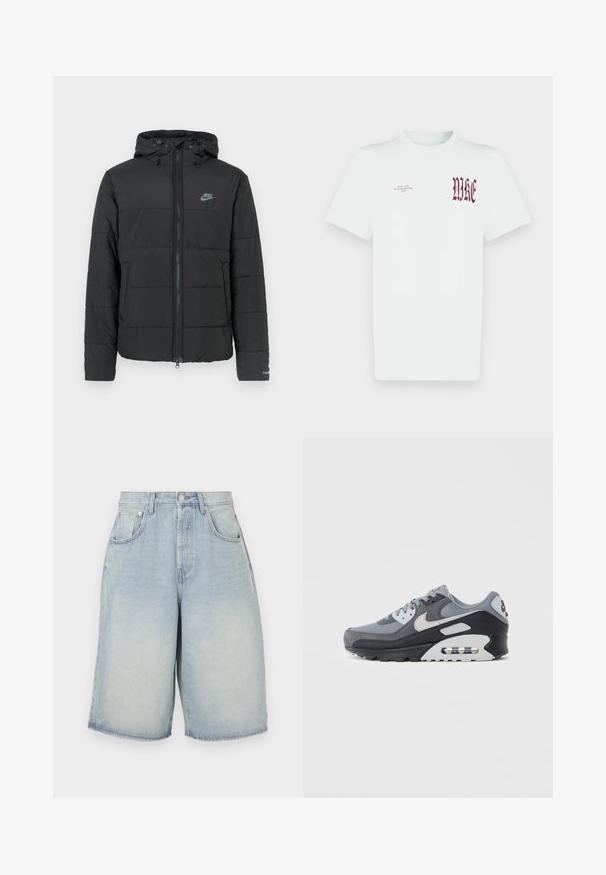 Fekete pufi dzseki kapucnival, elöl cipzárral, vízszintesen steppelt mintával és egy kis logóval a bal felső oldalon.; Fehér pamut póló, bal mellrészen piros "NIKE" grafikával és felirattal. Rövid ujjú, kerek nyakú kialakítás, sima textúrájú.; Világos kék farmer rövidnadrág, laza szabású, magas derékkal, öt zsebbel és egyenes szegéllyel. Enyhén fakó az elhasználódott megjelenésért.; Szürke tornacipő hálós és hasított bőr anyagok keverékével, fekete talppal és látható légpárnával. Jellegzetes világosszürke részletek és fűzők.