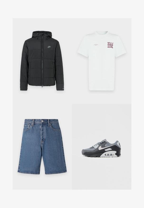 Czarna kurtka puchowa z kapturem, z zamkiem z przodu, poziomym pikowaniem i małym logo po lewej stronie u góry.; Biała bawełniana koszulka z czerwonym nadrukiem "NIKE" oraz tekstem na lewej piersi. Krótkie rękawy i okrągły dekolt, gładka faktura.; Jasnoniebieskie szorty dżinsowe o wygaszonej fakturze, pięć kieszeni, z zapięciem na guzik w talii.; Szary sneaker wykonany z mieszanki siateczki i zamszu, z czarną podeszwą i widoczną poduszką powietrzną. Charakterystyczne jasnoszare akcenty i sznurowadła.