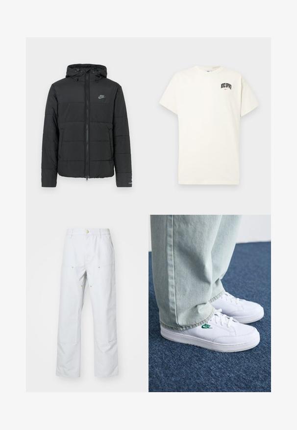 Czarna kurtka puchowa z kapturem, z zamkiem z przodu, poziomym pikowaniem i małym logo po lewej stronie u góry.; Beżowa bawełniana koszulka z krótkim rękawem, z napisem "NIKE SB" w czarnym i czerwonym kolorze na klatce piersiowej. Klasyczny okrągły dekolt.; Jasnoszare szerokie spodnie wykonane z tkaniny bawełnianej. Posiadają dwie przednie kieszenie, widoczne szwy oraz ozdobne guziki w kolorze złotym.; Białe skórzane sneakersy z zielonym logo Nike, okrągły czubek, płaska podeszwa, zestawione z jasnoniebieskimi dżinsami, pokazane na niebieskim dywanie.