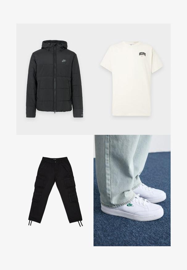 Casaco puffer preto com capuz, apresentando fecho éclair frontal, padrão de matelassé horizontal e um pequeno logótipo no lado superior esquerdo.; T-shirt de algodão na cor creme com mangas curtas, apresentando "NIKE SB" em texto preto e vermelho no peito. Gola redonda padrão.; Calças cargo pretas com um cós elástico, múltiplos bolsos laterais e cordões na barra. Produzidas em tecido durável com um acabamento mate.; Tênis de couro brancos com logo verde da Nike, bico redondo, sola plana, combinados com calças de denim azul claro, exibidos sobre um tapete azul.