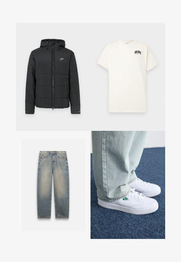 Black puffer jacket with a hood, featuring a zip front, horizontal quilted pattern, and a small logo on the upper left side.; Cream-colored cotton t-shirt with short sleeves, featuring "NIKE SB" in black and red text on the chest. Standard round neckline.; Light blue denim jeans with a relaxed fit, featuring a faded finish, five pockets, and a button fly. Straight-leg design with minimal stitching.; White leather sneakers with green Nike logo, round toe, flat sole, paired with light blue denim pants, shown on a blue carpet.
