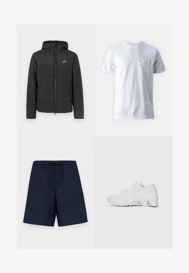 Svart puffjacka med huva, med dragkedja framtill, horisontellt quiltat mönster och en liten logotyp på övre vänstra sidan.; Vit bomull t-shirt med rund halsringning, korta ärmar och en vänster bröstficka, med en liten logotyp på fickan. Slät textur.; Marinblå badbyxor med elastisk midja och dragsko. Lättviktsmaterial med en slät yta och inga synliga mönster eller utsmyckningar.; Vit idrottssko med en slät syntetiska ovandel, texturerade accenter och en distinkt segmenterad häl för stötabsorbering. Snörningsdesign.