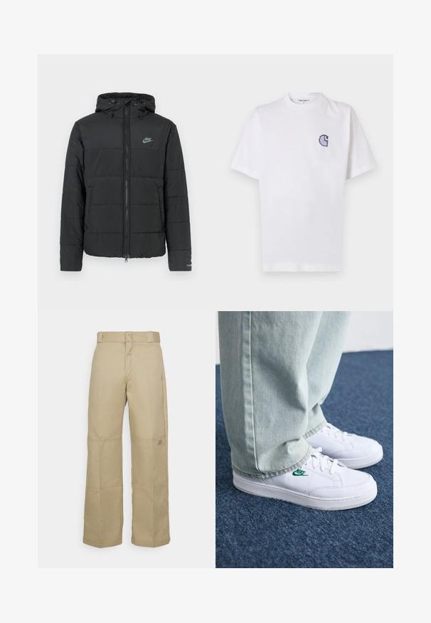 Fekete pufi dzseki kapucnival, elöl cipzárral, vízszintesen steppelt mintával és egy kis logóval a bal felső oldalon.; Fehér pamut póló rövid ujjakkal, kerek nyakkivágással és egy kis, hímzett kék "C" logóval a bal mellrészen.; Beige, széles szárú nadrág, tartós szövetből készült, magas derékkal, látható varrásokkal és egy kis logóval az oldalon.; Fehér bőr sportcipők zöld Nike logóval, kerek orral, lapos talppal, világoskék farmernadrággal párosítva, kék szőnyegen bemutatva.