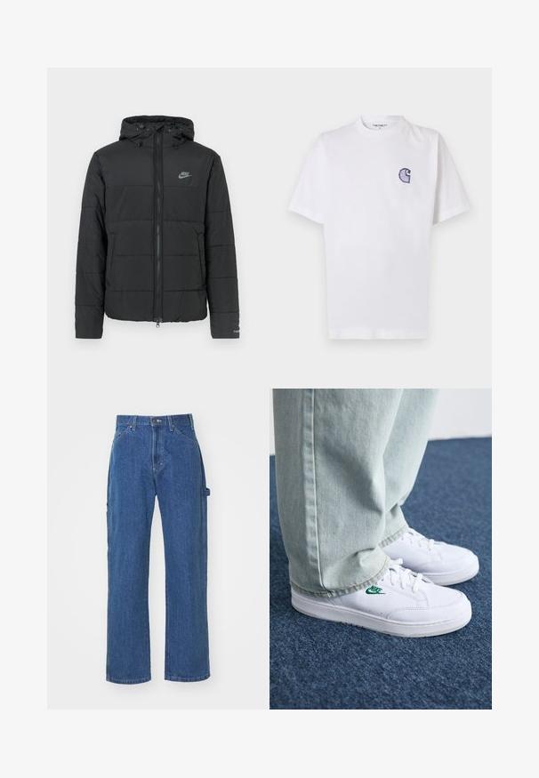 Casaco puffer preto com capuz, apresentando fecho éclair frontal, padrão de matelassé horizontal e um pequeno logótipo no lado superior esquerdo.; T-shirt branca de algodão com mangas curtas, decote redondo e um pequeno logotipo azul "C" bordado no lado esquerdo do peito.; Jeans de ganga azul em corte descontraído com pernas retas, apresentando bolsos frontais e traseiros e um fecho de botão na cintura.; Tênis de couro brancos com logo verde da Nike, bico redondo, sola plana, combinados com calças de denim azul claro, exibidos sobre um tapete azul.