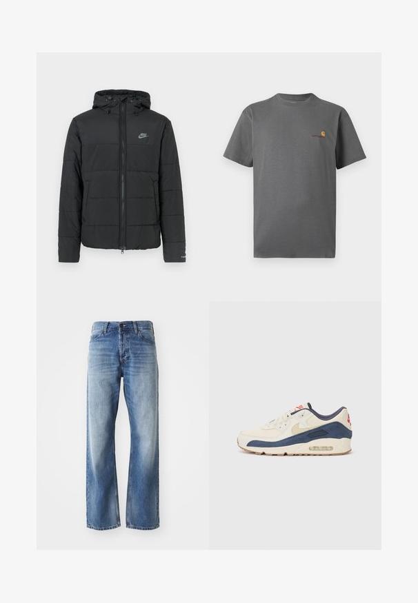 Juodas pūkinis džemperis su gaubtu, su užtrauktuku priekyje, horizontaliu siuvinėjimu ir mažu logotipu kairėje viršutinėje pusėje.; Pilkos spalvos trumpomis rankovėmis marškinėliai, pagaminti iš medvilnės; ant krūtinės yra subtilus logotipas oranžinės ir burgundinės spalvų. Pagrindinis apvalaus kaklo dizainas.; Mėlyni džinsai su tiesiomis kojomis, šiek tiek išblukę šlaunų ir kelių srityse, su penkiomis kišenėmis ir mygtukų uždarymu.; Bėgimo bateliai su kreminės odos ir tamsiai mėlyno zomšo viršutine dalimi, turintys matomą oro padą, smėlio spalvos guminiu padu ir raudonu akcentu ant kulno.