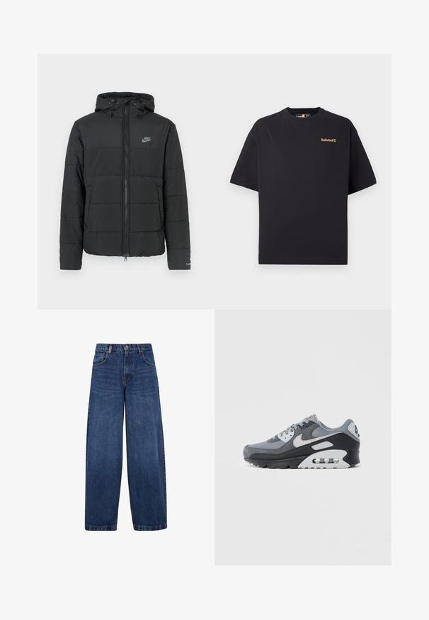 Melnā puffjakā ar mēteli ir rāvējslēdzēja priekšpuse, horizontāla izšuvuma raksts un mazs logotips kreisajā augšējā stūrī.; Melna īsām piedurknēm T-krekls ar apaļu kakla izgriezumu no Timberland ar mazu brūnganu logotipu kreisajā augšējā krūtīs, izpildīts uz baltas fona.; Plati zili džinsi ar klasisku piecu kabatu dizainu, pogu aizdari un nedaudz izbalējušu tekstūru. Izturīgas šuvju detaļas.; Pelēki sporta apavi ar acs un zamšāda materiālu kombināciju, melnu zolīti un redzamu gaisa spilventiņu. Izceltas gaiši pelēkas detaļas un auklas.