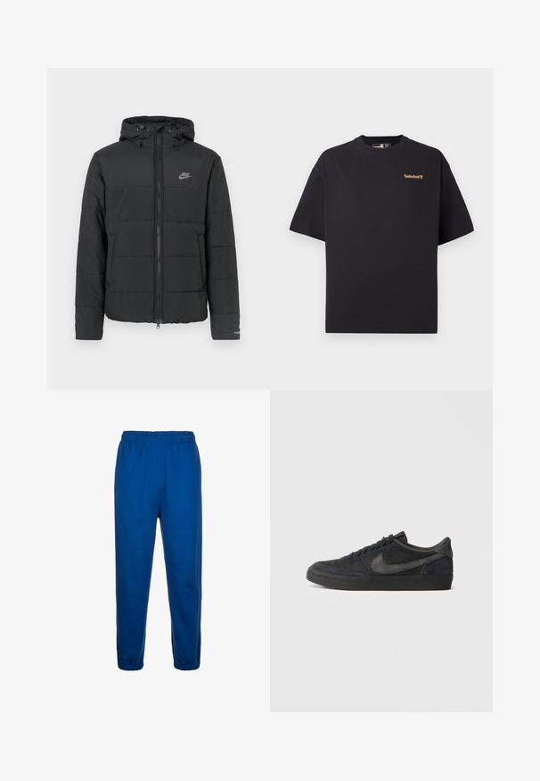 Fekete pufi dzseki kapucnival, elöl cipzárral, vízszintesen steppelt mintával és egy kis logóval a bal felső oldalon.; Fekete, rövid ujjú, kerek nyakú Timberland póló, kicsi, világosbarna logóval a bal felső mellrészén, fehér háttér előtt.; Kék melegítőnadrág, puha anyagból készült, rugalmas derékkal és tapering lábakkal, az ankle részeken rugalmas mandzsettával.; Fekete velúr sportcipők alacsony profillal, gumi talppal, strukturált oldalsó panelek és azonos színű Nike logóval. Fűzős elülső rész, párnázott nyak.
