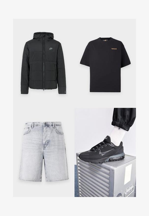 Černá péřová bunda s kapucí, má přední zip, horizontálně prošívaný vzor a malé logo na levé horní straně.; Černé tričko Timberland s krátkým rukávem a kulatým výstřihem, s malým hnědým logem na levé části hrudi, vystavené na bílém pozadí.; Džínové šortky v světlé šedé barvě s mírně vybledlým vzhledem. Obsahují pět kapes, poutka na pásek a zip s knoflíkovým zapínáním.; Nike Sportswear PULSE - Tenisky - black/anthracite