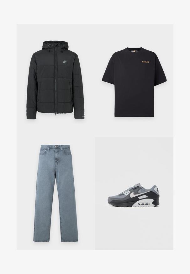 Black puffer jacket with a hood, featuring a zip front, horizontal quilted pattern, and a small logo on the upper left side.; Black short-sleeve crew neck Timberland T-shirt with small tan logo on the upper left chest, displayed on a white background.; Light blue denim jeans with a straight leg design, five pockets, metal button closure, and a slightly faded texture.; Gray sneaker featuring a mix of mesh and suede materials, with a black sole and visible air unit. Notable light gray accents and laces.