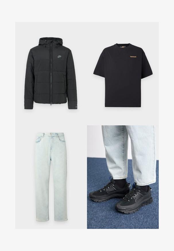 Melnā puffjakā ar mēteli ir rāvējslēdzēja priekšpuse, horizontāla izšuvuma raksts un mazs logotips kreisajā augšējā stūrī.; Melna īsām piedurknēm T-krekls ar apaļu kakla izgriezumu no Timberland ar mazu brūnganu logotipu kreisajā augšējā krūtīs, izpildīts uz baltas fona.; Gaiši zili džinsa bikses ar brīvu piegriezumu, ar pogu aizdari, divām priekšējām kabatām un vienkāršiem uzmaviem. Gluda tekstūra, bez rakstiem.; Melni sporta apavi ar strukturētu audumu un gumijas zoli, ar elastīgām auklām un zilu akcentu uz papēža. Nēsāti ar gaišām džinsu biksēm.