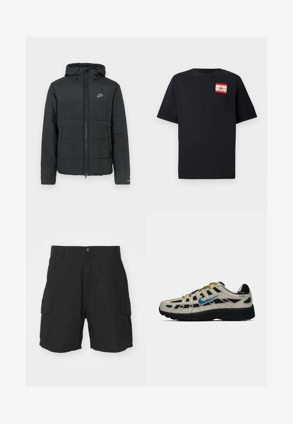 Sort pufferjakke med hætte, med lynlås foran, horisontalt quiltet mønster og et lille logo på den øverste venstre side.; Sort T-shirt med korte ærmer lavet af bomuld, med et rødt og hvidt grafisk logo-patch på venstre brystområde. Klassisk rund halsdesign.; Sorte cargo shorts lavet af letvægtsstof, med to sidelommer, knaplukning og en afslappet pasform ved midt-lår længde.; Beige og sort Nike P-6000 sneaker med blå swoosh, gule snørebånd, sort sål og Cordura-stofmærke på hælen.