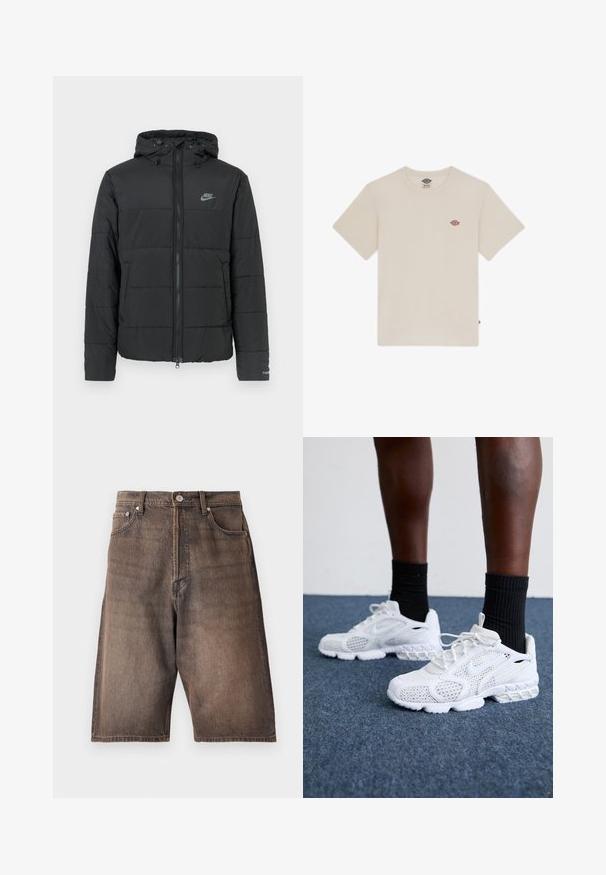 Fekete pufi dzseki kapucnival, elöl cipzárral, vízszintesen steppelt mintával és egy kis logóval a bal felső oldalon.; Krém színű pamut póló rövid ujjal, kerek nyakkivágással és kis, több színű hímzett logóval a mellkasán.; Fakó barna színű farmer rövidnadrág egyenes szabással. Öt zsebbel, övhurkkal és gombos záródással a deréknál.; Fehér sportcipők hálós felsőrésszel, textúrázott díszítésekkel és párnázott talppal. Párban fekete bordázott bokazoknival egy kék szőnyeggel borított felületen.