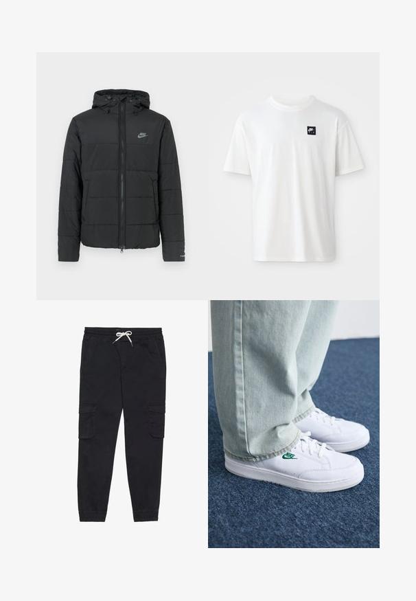 Juodas pūkinis džemperis su gaubtu, su užtrauktuku priekyje, horizontaliu siuvinėjimu ir mažu logotipu kairėje viršutinėje pusėje.; Balta medvilnės marškinėliai su trumpomis rankovėmis ir apvalia iškirpte; ant kairiojo krūtinės puikuojasi mažas juodas stačiakampis "Nike Air" logotipas.; Juodi šortai, pagaminti iš medvilnės, su elastingu juosmeniu ir virvute, šoninėmis kišenėmis ir siaurėjančiomis rankovėmis.; Balti odiniai sportbačiai su žaliu Nike logotipu, apvalia nosimi, plokščiu padu, derinami su šviesiai mėlynomis džinsinėmis kelnėmis, rodomi ant mėlynos kiliminės dangos.