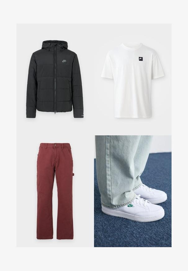 Casaco puffer preto com capuz, apresentando fecho éclair frontal, padrão de matelassé horizontal e um pequeno logótipo no lado superior esquerdo.; T-shirt branca em algodão com mangas curtas e decote redondo; apresenta um pequeno logótipo retangular preto da Nike Air no lado esquerdo do peito.; Calças de trabalho retas para homem em vermelho escuro com bolsos frontais, passantes para cinto, botão, fecho de correr e um laço utilitário lateral.; Tênis de couro brancos com logo verde da Nike, bico redondo, sola plana, combinados com calças de denim azul claro, exibidos sobre um tapete azul.