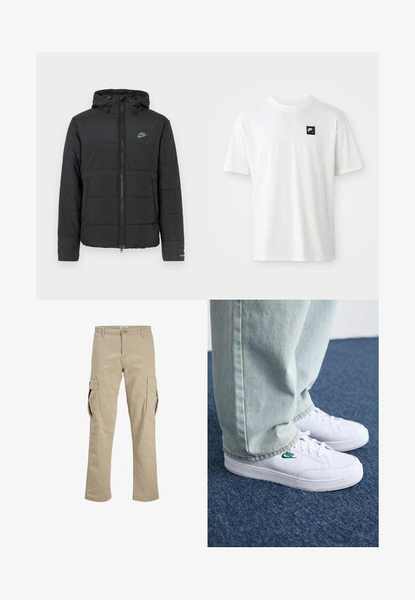 Casaco puffer preto com capuz, apresentando fecho éclair frontal, padrão de matelassé horizontal e um pequeno logótipo no lado superior esquerdo.; T-shirt branca em algodão com mangas curtas e decote redondo; apresenta um pequeno logótipo retangular preto da Nike Air no lado esquerdo do peito.; Calças cargo bejes feitas de algodão, com vários bolsos laterais, fecho de correr e um design de perna reta. Textura suave com costuras reforçadas.; Tênis de couro brancos com logo verde da Nike, bico redondo, sola plana, combinados com calças de denim azul claro, exibidos sobre um tapete azul.
