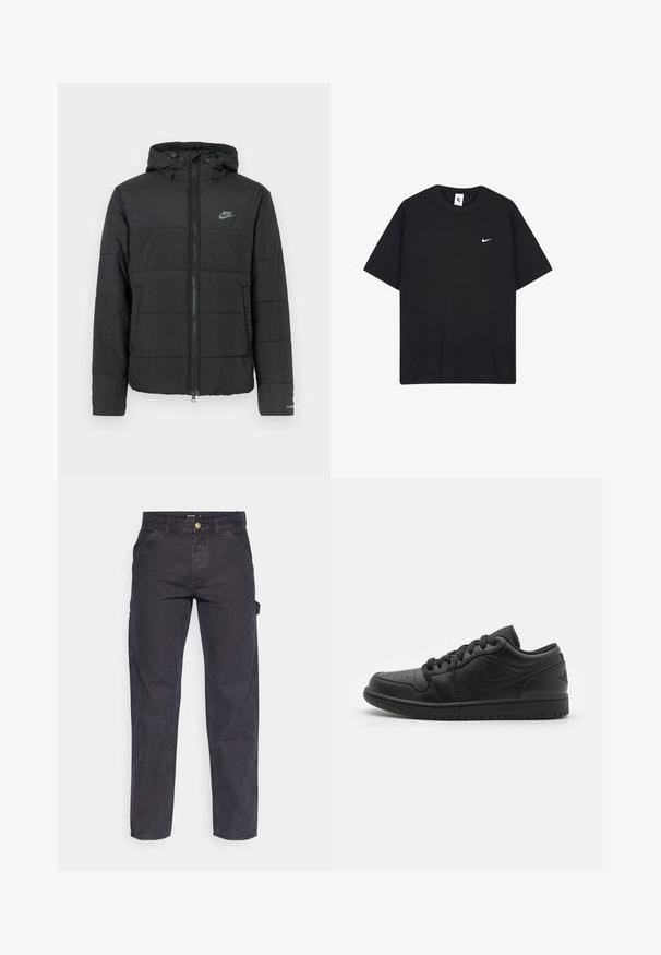 Mustan untuvatakin huppu, jossa on vetoketju etupuolella, vaakasuora tikkuroma ja pieni logo vasemmassa yläkulmassa.; Mustan Nike-paidan valmistuksessa on käytetty puuvillaa, ja siinä on pyöreä kaula-aukko sekä lyhyet hihat. Paidassa on pieni valkoinen Nike-logo vasemmassa rinnassa.; Tummanharmaat cargo-housut, jotka on valmistettu kestävästä kankaasta. Niissä on suora lahkeellinen leikkaus, viisi taskua ja nappikiinnitys vyötäröllä.; Musta nahkakengät matalalla varrella, joissa on reikäpunokset kärjessä, litteät nauhat, pehmustettu nilkka ja teksturoitu pohja. Lopputuloksena on huomaamaton logo kantapäässä.