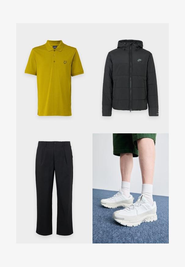 Giubbotto imbottito nero con cappuccio, caratterizzato da una chiusura con zip frontale, un motivo a righe orizzontali e un piccolo logo sul lato sinistro in alto.; Lyle & Scott Polo - gold coloured; Pantaloni neri con vestibilità dritta, caratterizzati da pince frontali, chiusura con bottone e texture del tessuto liscia.; Scarpe da ginnastica bianche con sovrapposizioni testurizzate, suola spessa e accenti grigi. Indossate con calze corte bianche e pantaloni corti verdi su una superficie blu.