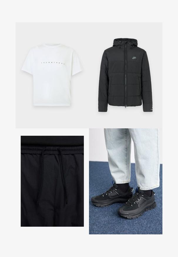 Black puffer jacket with a hood, featuring a zip front, horizontal quilted pattern, and a small logo on the upper left side.; White short-sleeve cotton t-shirt with "JACK & JONES" printed across the chest in small, spaced black letters.; Black shorts featuring a drawstring waistband, lightweight fabric with a smooth texture, and a simple design without visible logos or patterns.; Black athletic shoes with textured fabric and rubber soles, featuring elastic laces and a blue accent on the heel. Worn with light denim pants.