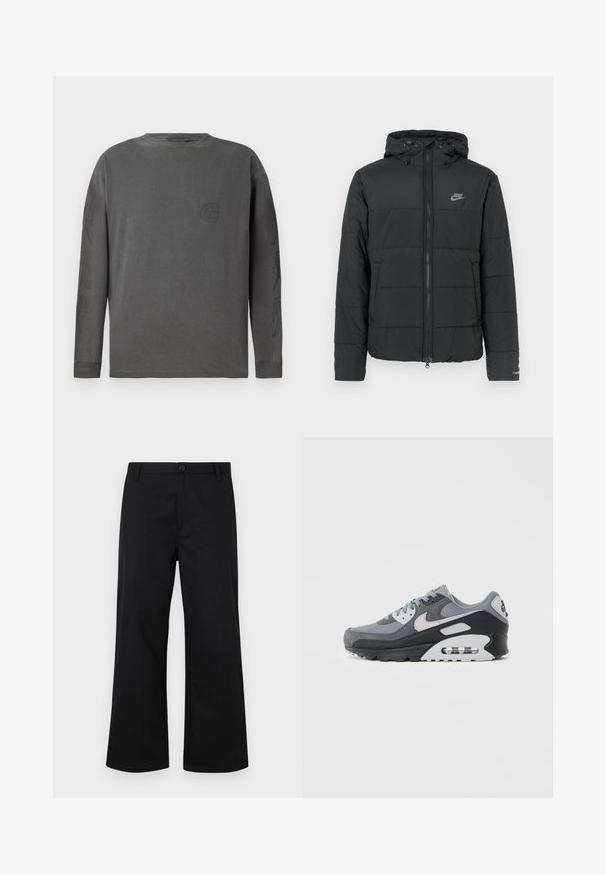 Schwarze Daunenjacke mit Kapuze, ausgestattet mit einem Reißverschluss auf der Vorderseite, horizontal gestepptem Muster und einem kleinen Logo auf der oberen linken Seite.; Graues Langarm-T-Shirt aus Baumwollmischung, mit Rundhalsausschnitt, verfügt über ein dezentes Logo und abstrakte Designs auf den Ärmeln; weiche Textur.; Schwarze, weite Hosen aus glattem Stoff. Verfügt über einen Knopfverschluss vorne und einen Standardsaum. Minimalistisches Design, keine sichtbaren Muster.; Grauer Sneaker mit einer Mischung aus Mesh- und Wildledermaterialien, einer schwarzen Sohle und einer sichtbaren Luftkammer. Auffällige hellgraue Akzente und Schnürsenkel.