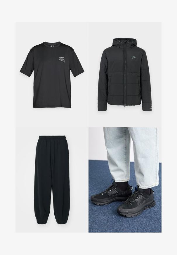 Chaqueta acolchada negra con capucha, que presenta un cierre con cremallera, un patrón de acolchado horizontal y un pequeño logotipo en la parte superior izquierda.; Camiseta atlética negra de manga corta con pequeñas perforaciones en los laterales y el texto "KARMA" junto a un gráfico de un ojo en el lado izquierdo del pecho.; Pantalones de chándal negros con cintura elástica, de corte holgado, con puños en los tobillos, textura suave y sin patrones visibles ni acentos metálicos.; Zapatillas deportivas negras con tejido texturizado y suelas de goma, con cordones elásticos y un acento azul en el talón. Combinadas con pantalones de mezclilla claros.