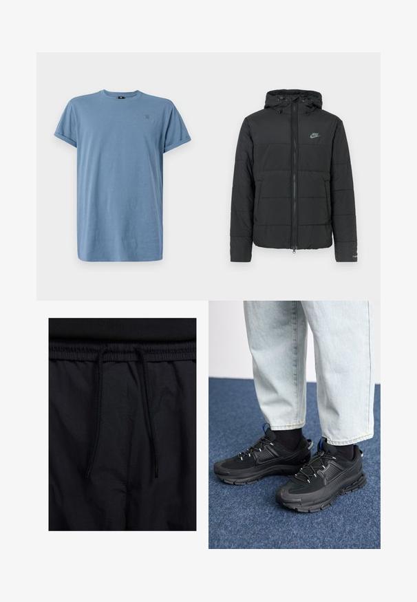 Chaqueta acolchada negra con capucha, que presenta un cierre con cremallera, un patrón de acolchado horizontal y un pequeño logotipo en la parte superior izquierda.; G-STAR LASH - Camiseta básica - avio; Pantalones cortos negros con cinturilla ajustable, tejido ligero con una textura suave y un diseño sencillo sin logotipos visibles ni patrones.; Zapatillas deportivas negras con tejido texturizado y suelas de goma, con cordones elásticos y un acento azul en el talón. Combinadas con pantalones de mezclilla claros.