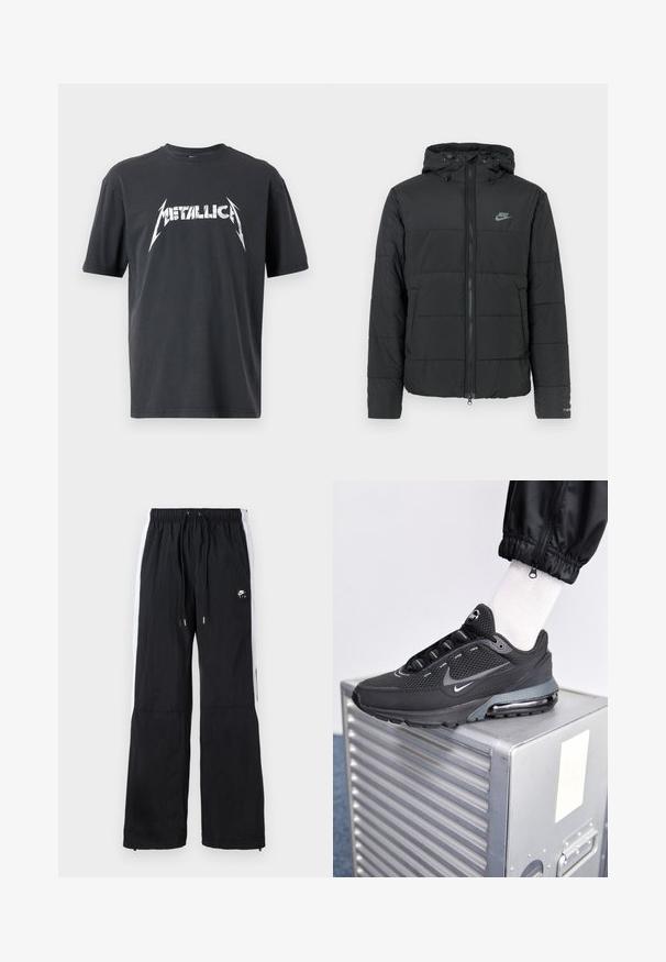 Chaqueta acolchada negra con capucha, que presenta un cierre con cremallera, un patrón de acolchado horizontal y un pequeño logotipo en la parte superior izquierda.; Camiseta de algodón negra con mangas cortas, que presenta un logo blanco de "Metallica" y un diseño de rayo en el pecho. Cuello redondo sencillo.; Pantalones deportivos negros con cinturilla elástica, rayas laterales blancas, puños con cremallera y un detalle de logo en goma en la parte delantera.; Nike Sportswear PULSE - Zapatillas - black/anthracite