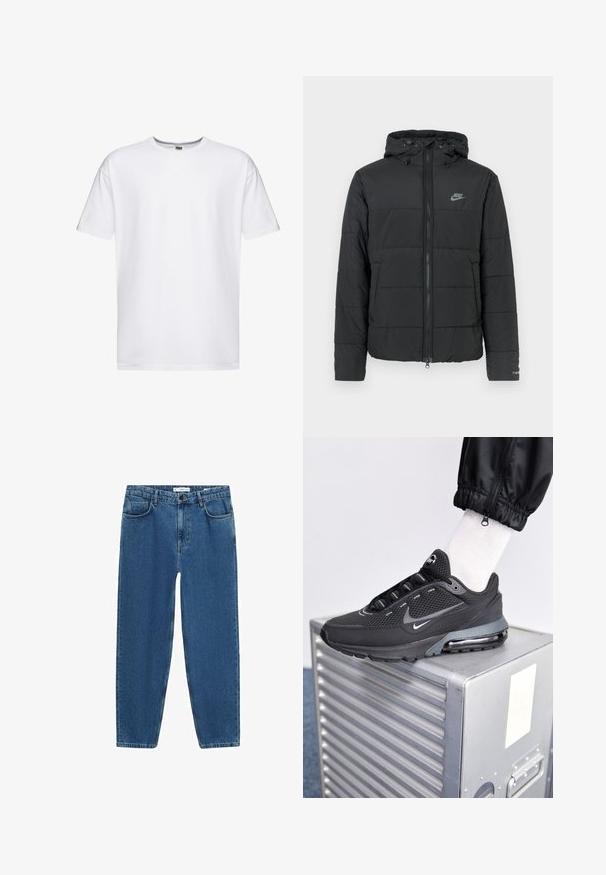 Zwarte pufferjas met capuchon, voorzien van een rits aan de voorkant, een horizontaal gestikt patroon en een klein logo op de bovenste linkerkant.; Witte katoenen t-shirt met korte mouwen, een ronde hals en een ontspannen pasvorm. Geen patronen of logo's, zachte textuur en standaard lengte.; Lichtblauwe denim jeans met een rechte pijp, voorzien van een klassieke vijf-pocket stijl en een knoopsluiting bij de taille.; Nike Sportswear PULSE - Sneakers laag - black/anthracite