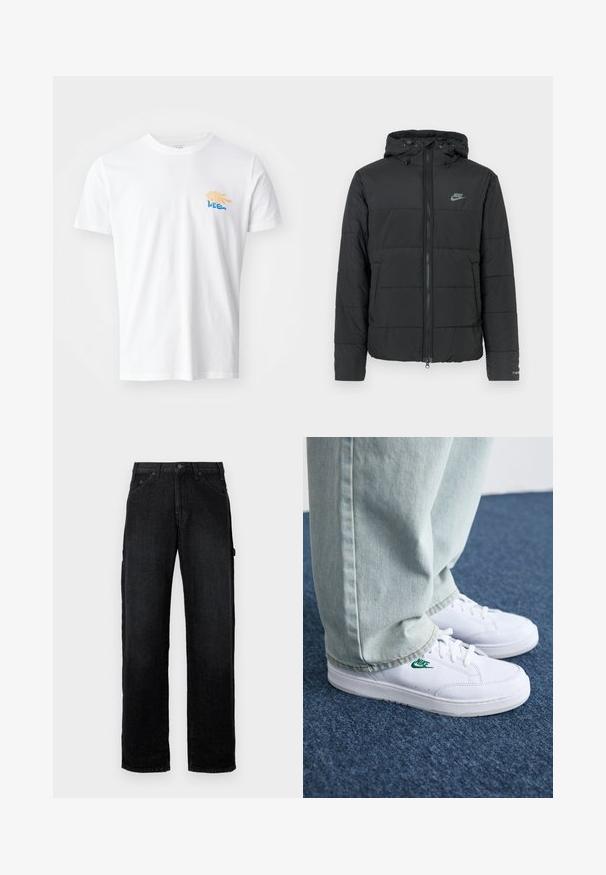 Casaco puffer preto com capuz, apresentando fecho éclair frontal, padrão de matelassé horizontal e um pequeno logótipo no lado superior esquerdo.; T-shirt branca de algodão com decote arredondado e mangas curtas. Apresenta uma gráfica colorida com elementos amarelos e azuis no peito.; Jeans de ganga pretos com um design de perna reta, apresentando bolsos frontais, fecho com botão e bolsos laterais para armazenamento adicional.; Tênis de couro brancos com logo verde da Nike, bico redondo, sola plana, combinados com calças de denim azul claro, exibidos sobre um tapete azul.