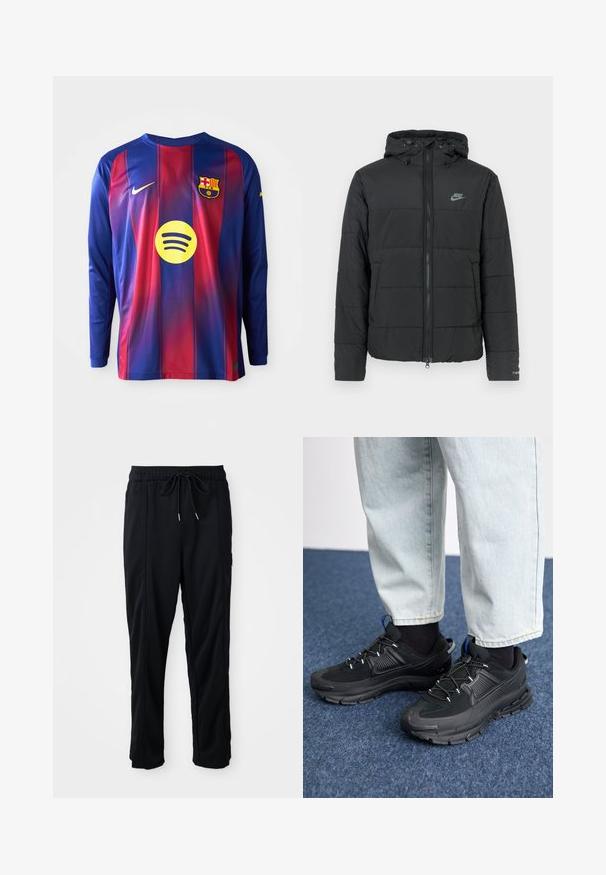 Schwarze Daunenjacke mit Kapuze, ausgestattet mit einem Reißverschluss auf der Vorderseite, horizontal gestepptem Muster und einem kleinen Logo auf der oberen linken Seite.; Langärmliges Fußballtrikot mit blauen und roten vertikalen Streifen, Nike-Logo, Barcelona-Wappen und einem runden Spotify-Logo in der Mitte.; Schwarze lässige Hosen mit Kordelzug und seitlichen Eingrifftaschen sowie geradem Bein auf einem einfarbigen Hintergrund.; Schwarze Sportschuhe aus strukturiertem Stoff mit Gummisohlen, ausgestattet mit elastischen Schnürsenkeln und einem blauen Akzent an der Ferse. Getragen mit hellen Jeans.