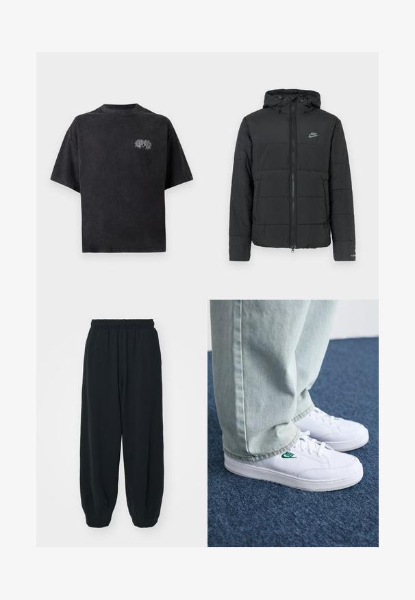 Μαύρο φουσκωτό μπουφάν με κουκούλα, που διαθέτει φερμουάρ μπροστά, οριζόντιο καπιτονέ σχέδιο και ένα μικρό λογότυπο στην άνω αριστερή πλευρά.; Μαύρο oversized μπλουζάκι φτιαγμένο από βαμβάκι με στρογγυλή λαιμόκοψη. Διαθέτει λευκή κεντητή σχεδίαση στο αριστερό στήθος. Κοντά μανίκια.; Μαύρες, φόρμες με ελαστική μέση και χαλαρή εφαρμογή, με ρεβέρ στους αστραγάλους, λεία υφή και χωρίς ορατά μοτίβα ή αξεσουάρ.; Λευκά δερμάτινα sneakers με πράσινο λογότυπο Nike, στρογγυλή μύτη, επίπεδη σόλα, συνδυασμένα με ανοιχτό μπλε τζην παντελόνι, τοποθετημένα σε μπλε χαλί.