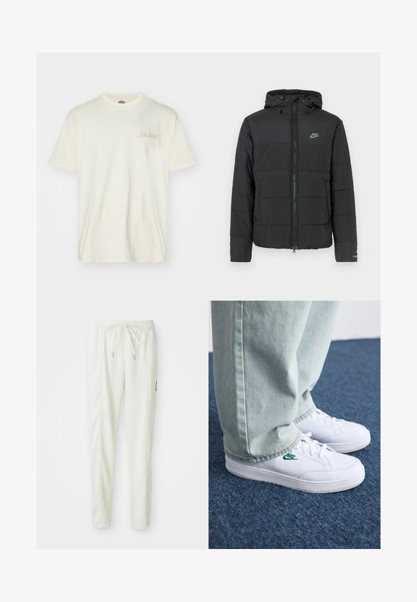 Black puffer jacket with a hood, featuring a zip front, horizontal quilted pattern, and a small logo on the upper left side.; Short-sleeve cream t-shirt made of cotton, featuring a subtle logo in beige on the left chest area. Classic crew neckline and relaxed fit.; White slim-fit jogger pants with elastic waistband and drawstring, featuring side seam detailing and a small black patch on the right leg.; White leather sneakers with green Nike logo, round toe, flat sole, paired with light blue denim pants, shown on a blue carpet.