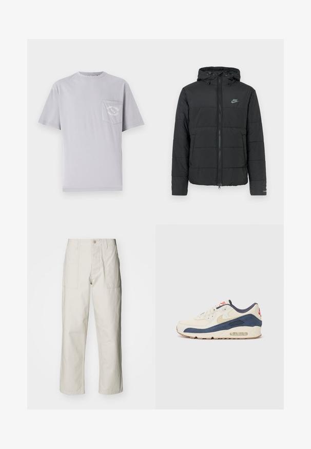 Doudoune noire avec capuche, dotée d'une fermeture éclair à l'avant, d'un motif matelassé horizontal et d'un petit logo sur le côté supérieur gauche.; T-shirt en coton gris avec un col rond, des manches courtes et une poche sur la poitrine gauche avec des détails de texte brodés.; Pantalons larges beige clair en coton. Dotés de poches avant et d'une fermeture à bouton. Texture lisse avec de légères lignes verticales.; Baskets avec un dessus en cuir crème et en suède bleu marine, dotées d'une semelle à air visible, d'une semelle en caoutchouc beige et d'un accent rouge au talon.