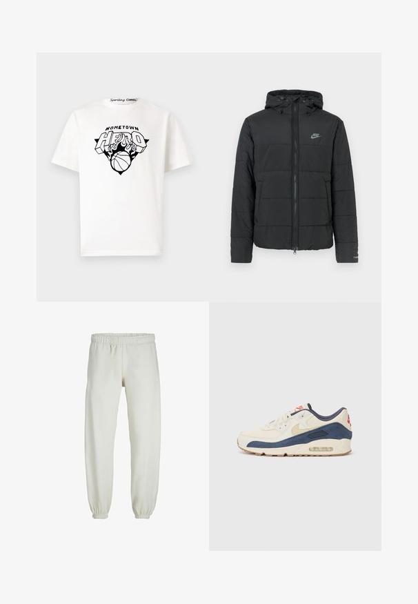 Doudoune noire avec capuche, dotée d'une fermeture éclair à l'avant, d'un motif matelassé horizontal et d'un petit logo sur le côté supérieur gauche.; T-shirt en coton blanc avec un imprimé graphique noir portant l'inscription "HOMESTAR HERO", des flammes et un design de basketball centré à l'avant.; Pantalons de survêtement blancs en tissu doux, avec une taille et des poignets élastiques, présentant une texture lisse et un design ample.; Baskets avec un dessus en cuir crème et en suède bleu marine, dotées d'une semelle à air visible, d'une semelle en caoutchouc beige et d'un accent rouge au talon.