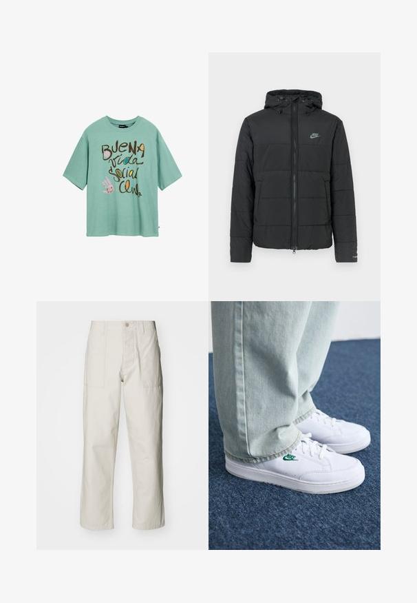 Black puffer jacket with a hood, featuring a zip front, horizontal quilted pattern, and a small logo on the upper left side.; Green cotton t-shirt with short sleeves, featuring brown and colorful text that reads "BUENA vida Social Club," with a hand illustration.; Light beige wide-leg pants made of cotton. Features front pockets and a button closure. Smooth texture with subtle vertical lines.; White leather sneakers with green Nike logo, round toe, flat sole, paired with light blue denim pants, shown on a blue carpet.