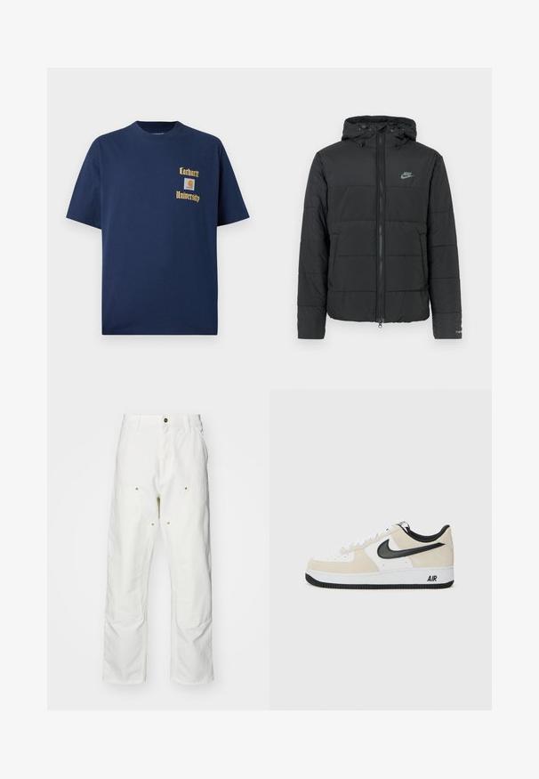 Black puffer jacket with a hood, featuring a zip front, horizontal quilted pattern, and a small logo on the upper left side.; Navy blue cotton t-shirt with short sleeves, featuring gold text "Carhartt University" and a logo patch on the left chest.; White cotton cargo pants with a relaxed fit. Features include front pockets, gold hardware accents, and reinforced knee sections.; Sneakers with a light beige suede and white leather upper, black Nike swoosh, black accents, and a white rubber sole featuring "AIR" branding.
