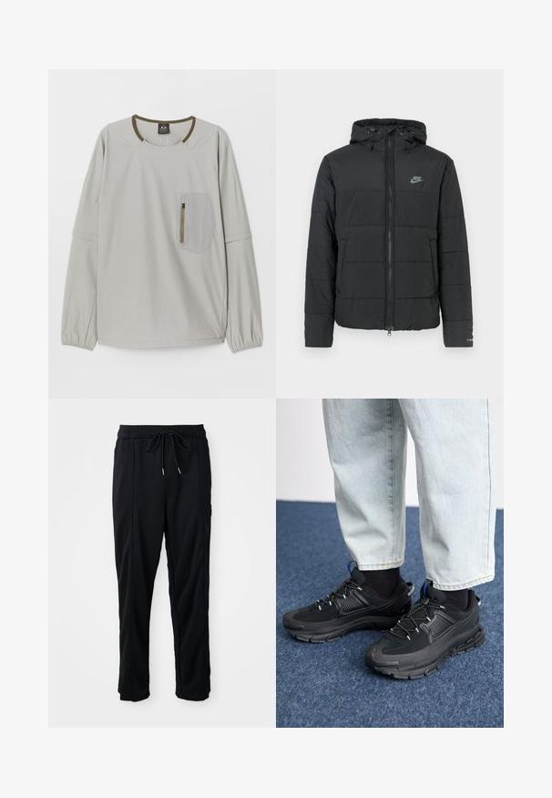 Schwarze Daunenjacke mit Kapuze, ausgestattet mit einem Reißverschluss auf der Vorderseite, horizontal gestepptem Muster und einem kleinen Logo auf der oberen linken Seite.; Helles graues Langarmoberteil mit rundem Halsausschnitt, elastischen Bündchen und einer strukturierten aufgesetzten Tasche mit Reißverschluss auf der Vorderseite.; Schwarze lässige Hosen mit Kordelzug und seitlichen Eingrifftaschen sowie geradem Bein auf einem einfarbigen Hintergrund.; Schwarze Sportschuhe aus strukturiertem Stoff mit Gummisohlen, ausgestattet mit elastischen Schnürsenkeln und einem blauen Akzent an der Ferse. Getragen mit hellen Jeans.