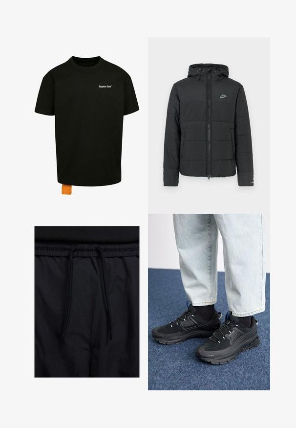 Mustmust tömbjakker kapuutsiga, millel on lukuga esiosa, horisontaalne tikandi muster ja väike logo vasakul ülalpool.; Must must T-särk, millel on lõtv lõige, ümmargune kaelus ja lühikesed varrukad. Rinnal on valge teksti logo ja hemil oranž silt.; Mustad lühikesed püksid, millel on paelaga vöökoht, kerge kangas, mis on sileda tekstuuriga ning lihtne disain ilma nähtavate logode või mustriteta.; Mustad mustad jooksukingad, millel on tekstureeritud kangas ja kummist tallad, elastsed nöörid ning sinine aksent kandadel. Kandmine heledate teksadega.