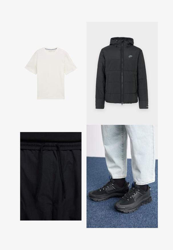 Mustmust tömbjakker kapuutsiga, millel on lukuga esiosa, horisontaalne tikandi muster ja väike logo vasakul ülalpool.; Valge lühikeste varrukatega T-särk, mis on valmistatud tekstureeritud kangast, ümara kaelusega ja diskreetse, lihtsa kujundusega, ilma musterite või aktsentideta.; Mustad lühikesed püksid, millel on paelaga vöökoht, kerge kangas, mis on sileda tekstuuriga ning lihtne disain ilma nähtavate logode või mustriteta.; Mustad mustad jooksukingad, millel on tekstureeritud kangas ja kummist tallad, elastsed nöörid ning sinine aksent kandadel. Kandmine heledate teksadega.