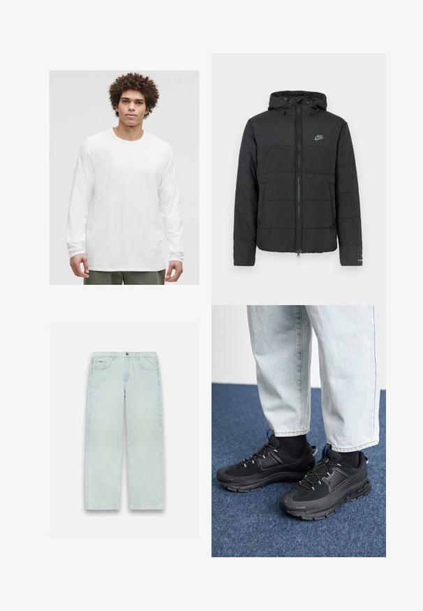 Mustmust tömbjakker kapuutsiga, millel on lukuga esiosa, horisontaalne tikandi muster ja väike logo vasakul ülalpool.; Valge pika varrukaga T-särk ümmarguse kaelusega, pehmest kangast, millel on lõdva sobivusega ja ei ole nähtavaid logosid ega mustreid.; Heledad sinine teksarihm, millel on lõdva ja laia jala lõige. Omab kahte esi-taskut, nööbiga kinnitust ja minimaalset detailimist.; Mustad mustad jooksukingad, millel on tekstureeritud kangas ja kummist tallad, elastsed nöörid ning sinine aksent kandadel. Kandmine heledate teksadega.