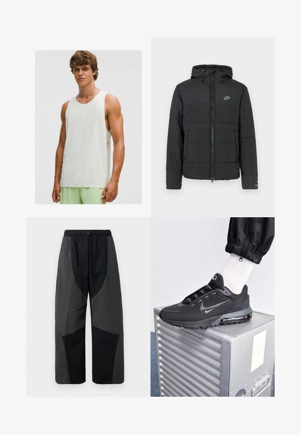 Černá péřová bunda s kapucí, má přední zip, horizontálně prošívaný vzor a malé logo na levé horní straně.; Mladý muž v bezrukávovém bílém sportovním tričku a světle zelených sportovních šortkách, stojící na pozadí jednoduché bílé zdi.; Černé kalhoty s volným střihem zvýrazněné fleecovými prvky, které mají kontrastní tmavě šedé látkové panely a nastavitelné pásky na stažení v pase.; Nike Sportswear PULSE - Tenisky - black/anthracite
